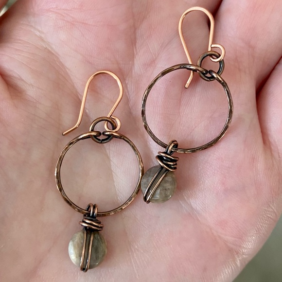 Handcrafted Moonstone + Copper Dangle Hoop Earrings - Picture 3 of 6